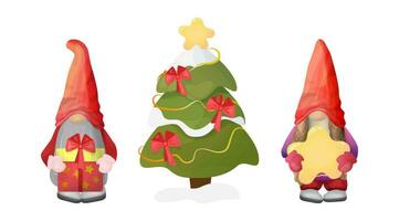 fofa vetor Natal gnomos. inverno personagem conjunto com Natal árvore, presente e estrela.
