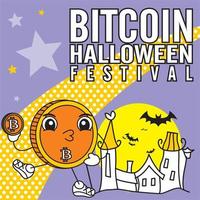 ilustração em vetor bitcoin cartoon festival de halloween edição especial - curso de modelo de plano de fundo editável - evento de negócios