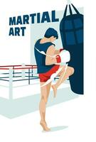 uma jovem homem socos contra a fundo do uma boxe anel. Esportes competições, hobbies e estudos. marcial arte. vetor plano ilustração