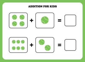 Adição página para crianças. educacional matemática jogos para crianças com tênis bola. imprimível planilha Projeto. Aprendendo matemática. vetor