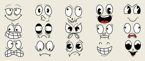 conjunto do Anos 70 groovy quadrinho rostos vetor. coleção do desenho animado personagem rostos, dentro diferente emoções, feliz, nervoso, triste, alegre. fofa retro groovy hippie ilustração para decorativo, adesivo. vetor