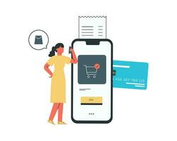 conectados compras conceito. mulher com crédito cartão e Móvel telefone. vetor ilustração dentro plano estilo