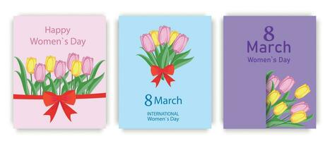 uma conjunto do cartões com tulipas e uma vermelho arco para a internacional dia do marcha 8º. vetor ilustração.