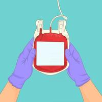 mãos segurando cuidadosamente uma bolsa de sangue de um doador vetor
