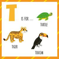 Aprendendo Inglês alfabeto para crianças. carta t. fofa desenho animado tigre tartaruga tucano. vetor