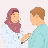 mulher médica muçulmana atendendo um paciente vetor