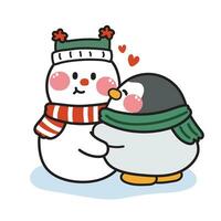 fofa pinguim abraço boneco de neve em branco background.animal personagem desenho animado design.feliz natal.inverno.baby roupas.kawaii.vetor.ilustração. vetor