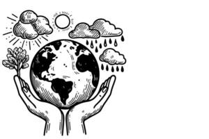 linha desenhando do dois mãos segurando globo terra ou terra planeta com crescimento plantar mundo plantas. Salve  mundo meio Ambiente dia conceito vetor ilustração em branco fundo