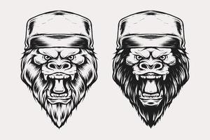 conjunto de cabeça de gorila com ilustração vetorial de chapéu em estilo vintage monocromático vetor