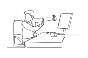 solteiro contínuo linha desenhando do jovem assustado homem de negocios manter do ele mesmo a partir de monitor computador Porque do traumatizar. trabalhos psicológico conceito. 1 linha desenhar gráfico Projeto vetor ilustração