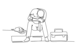 solteiro contínuo linha desenhando do jovem depressivo masculino Gerente curvado frouxamente em cadeira depois de ele obteve despedido a partir de a trabalhos escritório. trabalho demissão conceito. 1 linha desenhar gráfico Projeto vetor ilustração