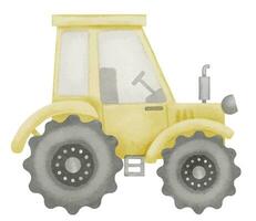 trator aguarela ilustração. mão desenhado grampo arte do bebê brinquedo amarelo caminhão em isolado fundo. desenhando do a agrimotor carro para uma Rapazes jogo. esboço do máquinas para construção e Fazenda vetor