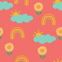 desatado padronizar do fofa desenho animado flores, arco-íris e nuvens. fofa papel de parede para presente invólucro papel, têxtil, colorida vetor para crianças, plano estilo
