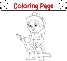 bombeiro segurando fogo mangueira coloração página vetor