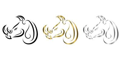 três cores de ouro preto e arte de linha de prata da cabeça de rinoceronte. bom uso de símbolo, mascote, ícone, avatar, tatuagem, design de camiseta, logotipo ou qualquer design. vetor