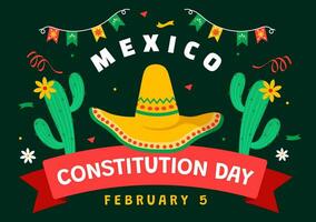 dia de la constituição vetor ilustração. tradução feliz constituição dia do México em fevereiro 5 com mexicano chapéu e acenando bandeira fundo