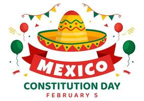 dia de la constituição vetor ilustração. tradução feliz constituição dia do México em fevereiro 5 com mexicano chapéu e acenando bandeira fundo
