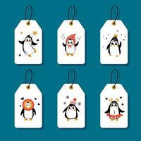 conjunto do Natal presente Tag com fofa pinguins. vetor desenhos animados dentro plano estilo.