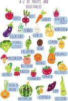 educacional poster para crianças. Inglês abc para crianças com desenho animado legumes e frutas. legumes e frutas alfabeticamente. a nomes do legumes e frutas dentro inglês. saudável estilo de vida vetor