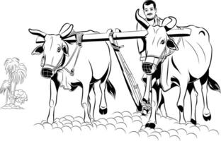 agricultor às trabalhar. dentro a agricultura área. cultivo terra indiano agricultura local tradicional agricultura estilo com vacas. indiano Vila. vetor