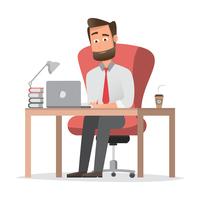 empresário sorridente é sentado e trabalhando em um computador laptop em seu escritório vetor