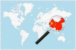 ampliação vidro mostrando uma mapa do China em uma mundo mapa. vetor