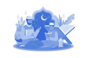 muçulmano pai e filho lendo o Alcorão vetor