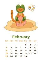 fevereiro 2024. calendário Folha com uma fofa gato dentro uma Dragão traje segurando uma presente para fevereiro 14º. desenho animado vetor ilustração.
