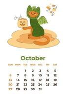 Outubro 2024. calendário Folha com uma fofa gato dentro uma Dragão traje com dia das Bruxas abóbora. desenho animado vetor ilustração.