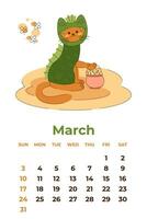 marcha 2024. calendário Folha com uma fofa gato dentro uma Dragão traje com uma Panela do moedas. desenho animado vetor ilustração.