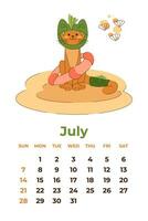 Julho 2024. calendário Folha com uma fofa gato dentro uma Dragão traje com uma lifebuoy. desenho animado vetor ilustração.