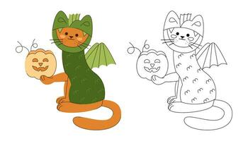 uma gato personagem dentro uma Dragão traje com uma dia das Bruxas abóbora. cor, Preto e branco vetor ilustração.