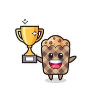 ilustração dos desenhos animados do muffin está feliz segurando o troféu de ouro vetor