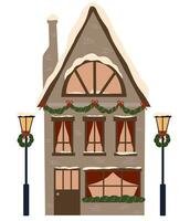 europeu casa construção com Natal decoração em fachada. fofa plano casa com neve em teto, decorado para natal, inverno feriado. vetor ilustração isolado em branco fundo