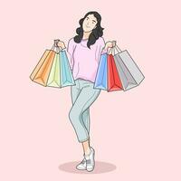 mulher em pé carregando compras bolsas, compras feliz sorridente vetor