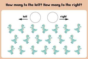 contagem quão muitos dinos ir para a certo e esquerda lógico jogos para crianças esquerda direita. Treinamento folha. vetor ilustração