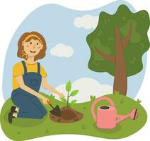 vetor ilustração do uma mulher jardineiro plantio uma árvore dentro a jardim