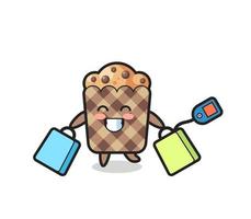 desenho de mascote de muffin segurando uma sacola de compras vetor