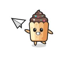 personagem de desenho animado de cupcake jogando avião de papel vetor