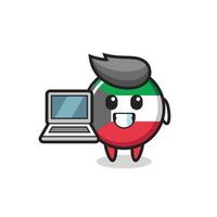 ilustração da mascote do emblema da bandeira kuwait com um laptop vetor