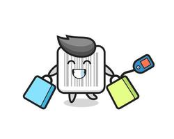 Desenho do mascote com código de barras segurando uma sacola de compras vetor