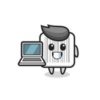 ilustração mascote do código de barras com um laptop vetor