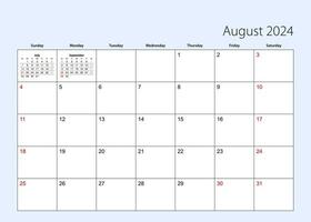 parede calendário planejador para agosto 2024. Inglês linguagem, semana começa a partir de Domingo. vetor