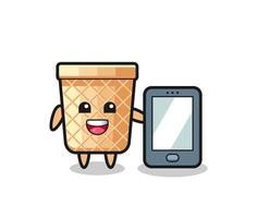 Desenho de ilustração de cone waffle segurando um smartphone vetor