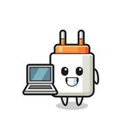 ilustração do mascote do adaptador de energia com um laptop vetor