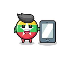 Desenho de ilustração do emblema da bandeira de myanmar segurando um smartphone vetor