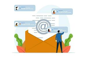 o email marketing conceito, conectados o negócio estratégia, anúncio, o email Boletim de Notícias, mensagem, marketing material conceito para aterrissagem página, rede bandeira, social meios de comunicação, infográfico. plano vetor ilustração.