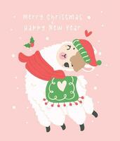 fofa Natal lhama cumprimento cartão dentro inverno tema, kawaii feliz Novo ano desenho animado animal mão desenhando ilustração vetor