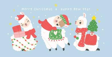 fofa Natal lhamas cumprimento cartão bandeira dentro inverno tema, kawaii feliz Novo ano desenho animado animal mão desenhando ilustração vetor