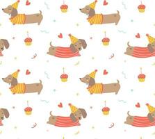 fofa festivo festa cachorro desatado padrão, dachshund linguiça cachorro desenho animado isolado em branco fundo. vetor